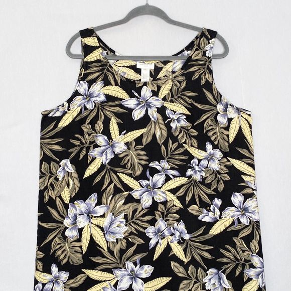 Jones New York Maxi Dress 16 Black White Gold Floral Linen Sleeveless Pullover - Picture 2 of 7